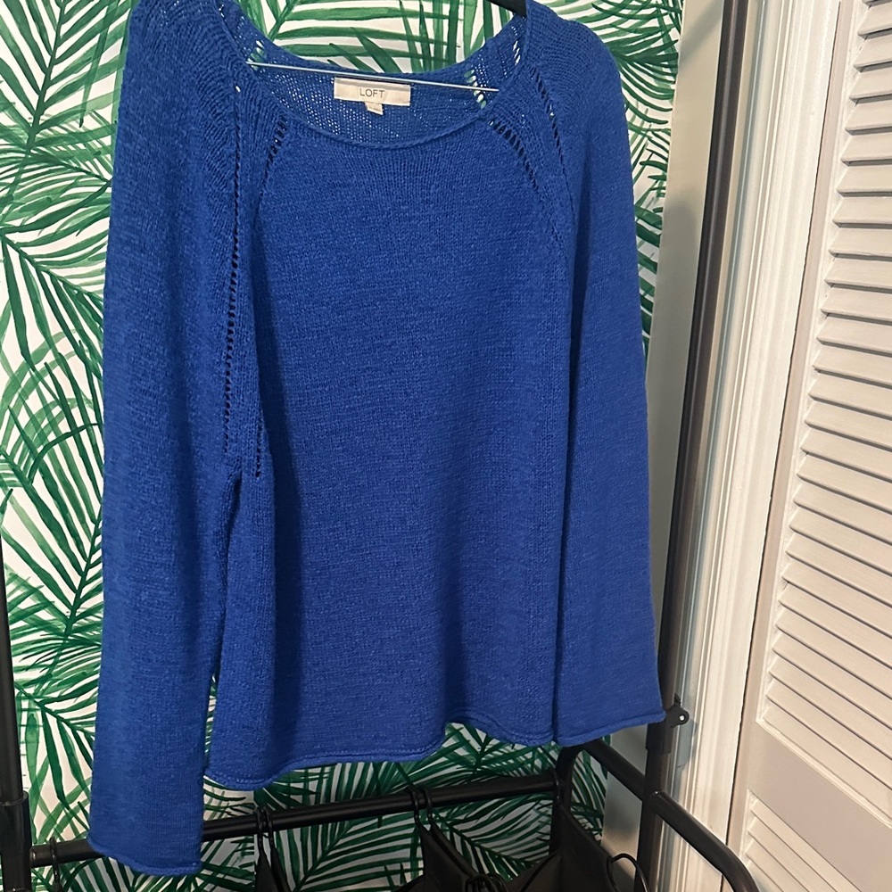 LOFT Pointelle Raglan Sweater in Cobalt Blue
